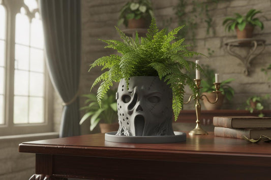 Gray horror mask planter with fern, drainage and matching drip tray styled in a dark gothic room.