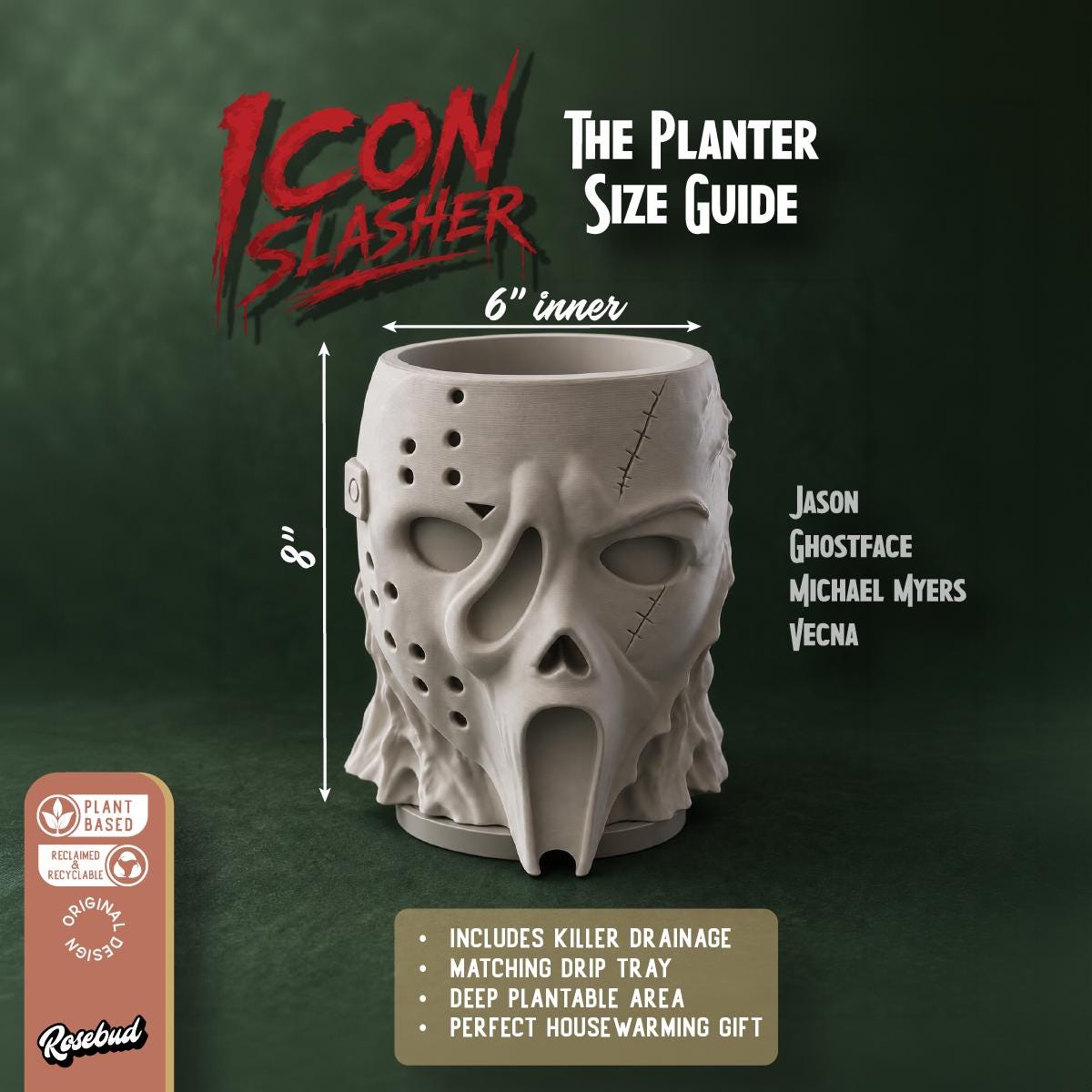 Icon Slasher Planter, Horror Mask Plant Pot with Drainage, 3D Printed Horror Decor, Scary Face Planter, Gothic Plant Pot, Drip Tray Included