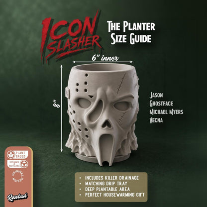 Icon Slasher Planter, Horror Mask Plant Pot with Drainage, 3D Printed Horror Decor, Scary Face Planter, Gothic Plant Pot, Drip Tray Included