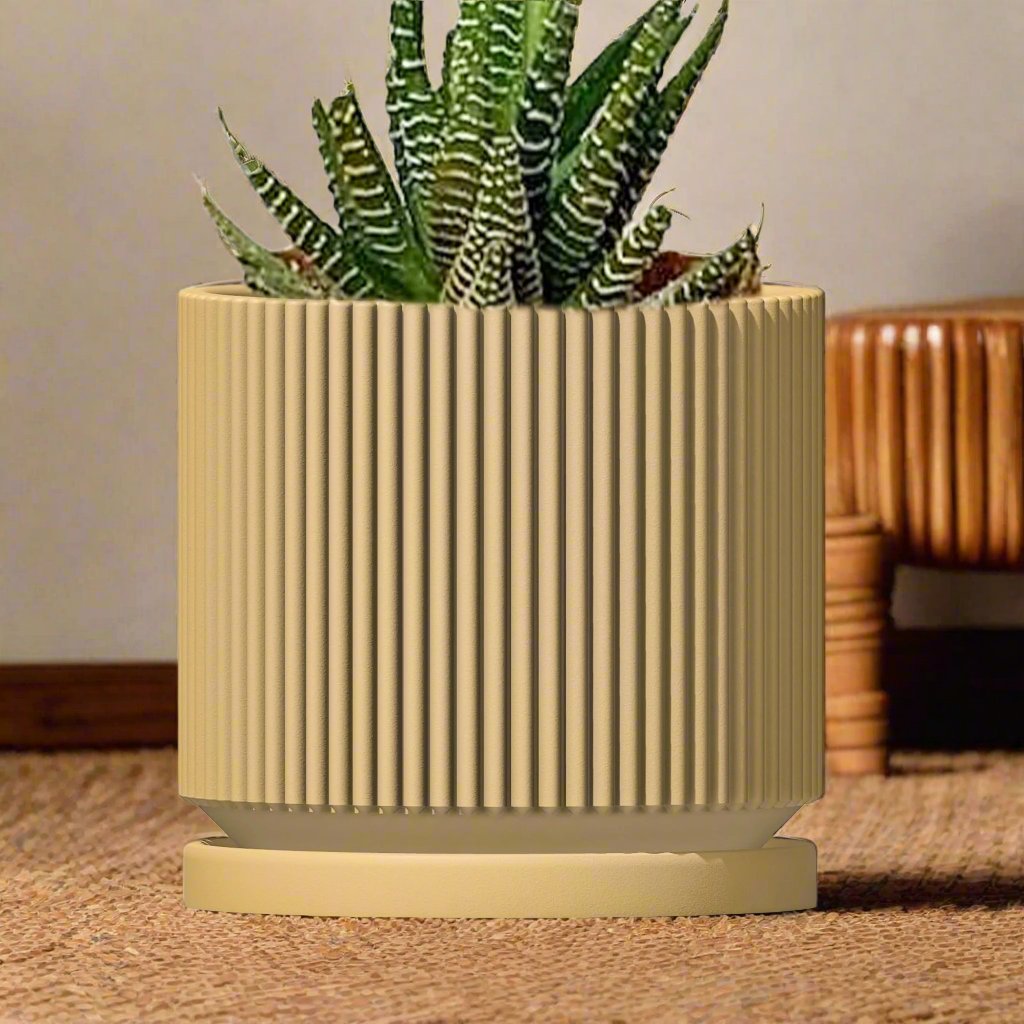 Mid-Century Ribbed Planter - Rosebud HomeGoods Beige 4 With Drip Tray MODERN HOME GOOD