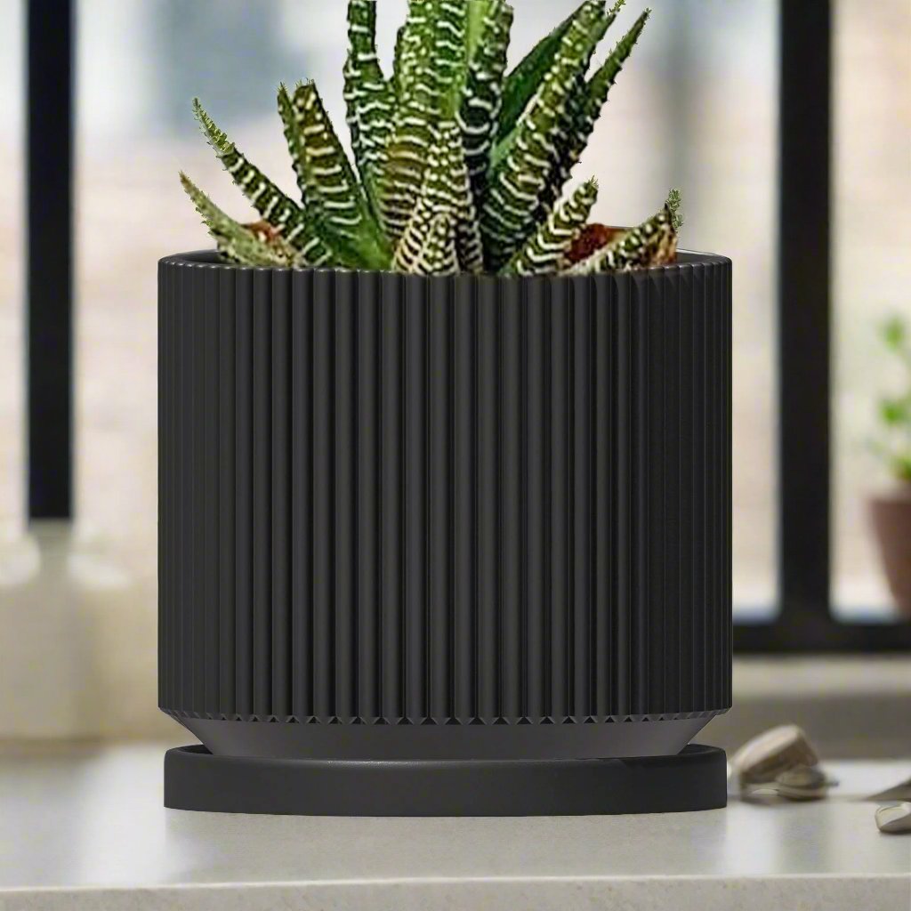 Mid-Century Ribbed Planter - Rosebud HomeGoods Black 4 With Drip Tray MODERN HOME GOOD