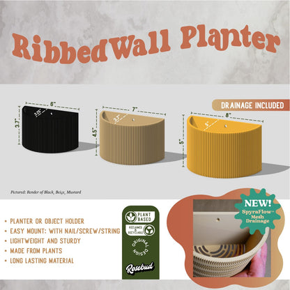 Ribbed Wall Planter - Rosebud HomeGoods Reg Black With Drainage MODERN HOME GOOD