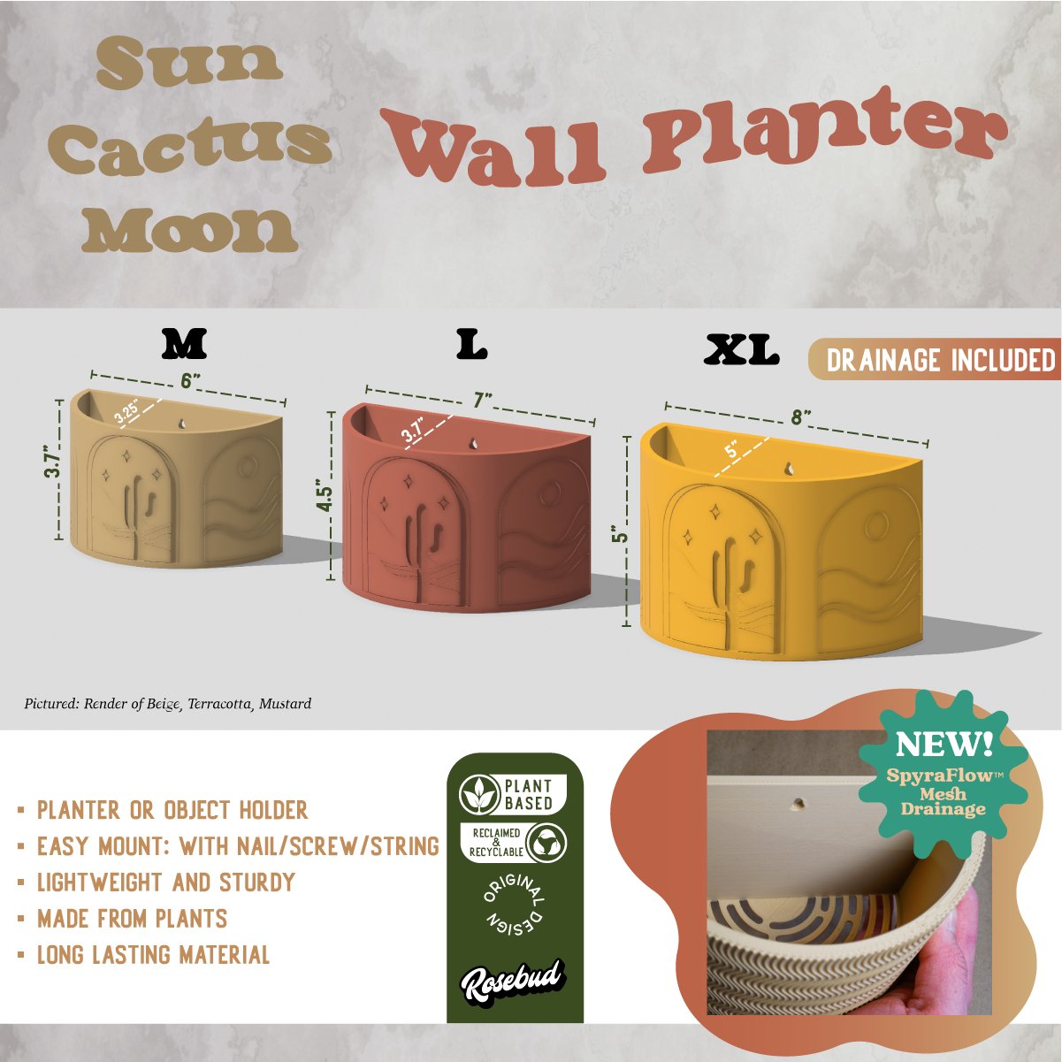 Sun, Cactus, Moon Wall Planter - Rosebud HomeGoods Reg Beige With Drainage MODERN HOME GOOD